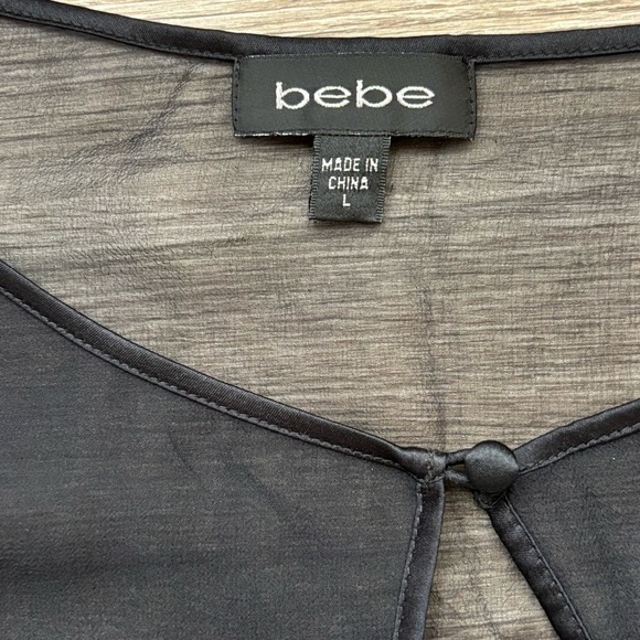 Bebe Y2K Coquette Short Sleeve Silk Blouse Black with Cream Ribbon Detailing - Picture 12 of 14